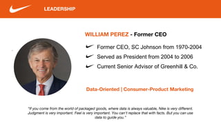 LEADERSHIP
“If you come from the world of packaged goods, where data is always valuable, Nike is very different.
Judgment is very important. Feel is very important. You can't replace that with facts. But you can use
data to guide you.”
WILLIAM PEREZ - Former CEO
Data-Oriented | Consumer-Product Marketing
Former CEO, SC Johnson from 1970-2004
Served as President from 2004 to 2006
Current Senior Advisor of Greenhill & Co.
 