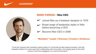 LEADERSHIP
“To be the company that constantly inspires others it’s crucial that we feel inspired ourselves. And that
inspiration strikes in so many ways from collaborating with one another, from staying open to the world
around us and from engaging in our work environments.”
MARK PARKER - Nike CEO
“Multiplier” Leader | Visionary | Creative | Ambitious
Joined Nike as a footwear designer in 1979
Broad range of leadership styles in Nike
before becoming a CEO
Become Nike CEO in 2006
 