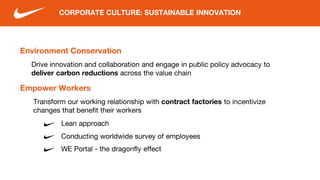 Environment Conservation
CORPORATE CULTURE: SUSTAINABLE INNOVATION
Drive innovation and collaboration and engage in public policy advocacy to
deliver carbon reductions across the value chain
Empower Workers
Transform our working relationship with contract factories to incentivize
changes that benefit their workers
Lean approach
Conducting worldwide survey of employees
WE Portal - the dragonfly effect
 