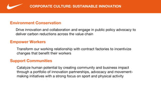 Environment Conservation
CORPORATE CULTURE: SUSTAINABLE INNOVATION
Drive innovation and collaboration and engage in public policy advocacy to
deliver carbon reductions across the value chain
Empower Workers
Transform our working relationship with contract factories to incentivize
changes that benefit their workers
Support Communities
Catalyze human potential by creating community and business impact
through a portfolio of innovation partnerships, advocacy and movement-
making initiatives with a strong focus on sport and physical activity
 