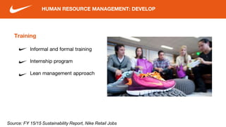 Training
Informal and formal training
Internship program
Lean management approach
HUMAN RESOURCE MANAGEMENT: DEVELOP
Source: FY 15/15 Sustainability Report, Nike Retail Jobs
 