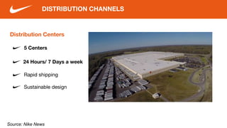 Distribution Centers
5 Centers
DISTRIBUTION CHANNELS
24 Hours/ 7 Days a week
Rapid shipping
Sustainable design
Source: Nike News
 