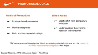 Goals of Promotions
Increase brand awareness
Motivate response
PROMOTIONAL GOALS
Nike’s Goals
Drastic shift from company’s
inception
Understanding the evolving
needs of the consumer
Build and insulate relationships
Source: Nike Inc., 2015 10K Annual Report | Nike News
“We’ve come around to saying that Nike is a marketing-oriented company, and the product is
our most important marketing tool.” -Phil Knight
 