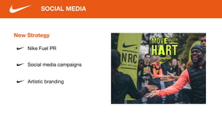 New Strategy
Nike Fuel PR
Social media campaigns
SOCIAL MEDIA
Main text here
Enter statistic here. Add some
% and some numbers
Artistic branding
 