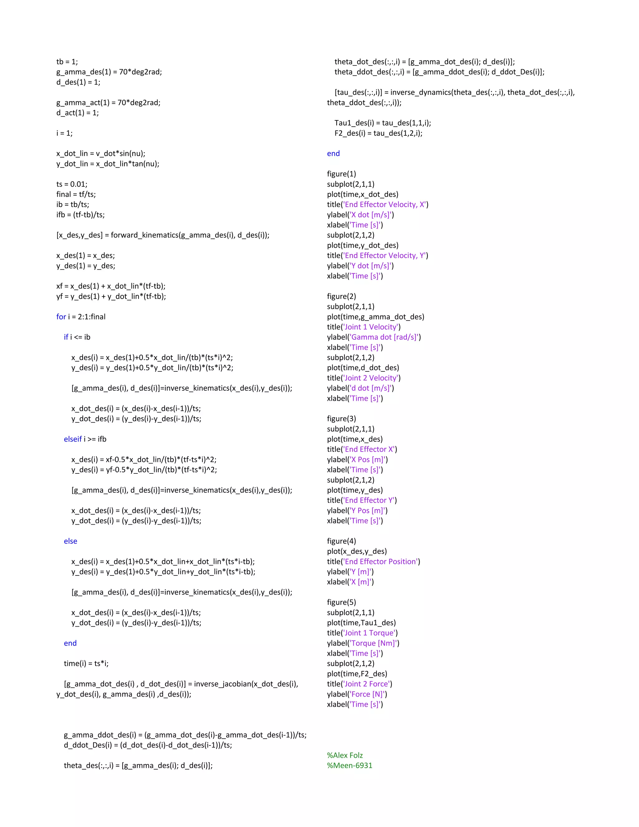 tb = 1;
g_amma_des(1) = 70*deg2rad;
d_des(1) = 1;
g_amma_act(1) = 70*deg2rad;
d_act(1) = 1;
i = 1;
x_dot_lin = v_dot*sin(nu);
y_dot_lin = x_dot_lin*tan(nu);
ts = 0.01;
final = tf/ts;
ib = tb/ts;
ifb = (tf-tb)/ts;
[x_des,y_des] = forward_kinematics(g_amma_des(i), d_des(i));
x_des(1) = x_des;
y_des(1) = y_des;
xf = x_des(1) + x_dot_lin*(tf-tb);
yf = y_des(1) + y_dot_lin*(tf-tb);
for i = 2:1:final
if i <= ib
x_des(i) = x_des(1)+0.5*x_dot_lin/(tb)*(ts*i)^2;
y_des(i) = y_des(1)+0.5*y_dot_lin/(tb)*(ts*i)^2;
[g_amma_des(i), d_des(i)]=inverse_kinematics(x_des(i),y_des(i));
x_dot_des(i) = (x_des(i)-x_des(i-1))/ts;
y_dot_des(i) = (y_des(i)-y_des(i-1))/ts;
elseif i >= ifb
x_des(i) = xf-0.5*x_dot_lin/(tb)*(tf-ts*i)^2;
y_des(i) = yf-0.5*y_dot_lin/(tb)*(tf-ts*i)^2;
[g_amma_des(i), d_des(i)]=inverse_kinematics(x_des(i),y_des(i));
x_dot_des(i) = (x_des(i)-x_des(i-1))/ts;
y_dot_des(i) = (y_des(i)-y_des(i-1))/ts;
else
x_des(i) = x_des(1)+0.5*x_dot_lin+x_dot_lin*(ts*i-tb);
y_des(i) = y_des(1)+0.5*y_dot_lin+y_dot_lin*(ts*i-tb);
[g_amma_des(i), d_des(i)]=inverse_kinematics(x_des(i),y_des(i));
x_dot_des(i) = (x_des(i)-x_des(i-1))/ts;
y_dot_des(i) = (y_des(i)-y_des(i-1))/ts;
end
time(i) = ts*i;
[g_amma_dot_des(i) , d_dot_des(i)] = inverse_jacobian(x_dot_des(i),
y_dot_des(i), g_amma_des(i) ,d_des(i));
g_amma_ddot_des(i) = (g_amma_dot_des(i)-g_amma_dot_des(i-1))/ts;
d_ddot_Des(i) = (d_dot_des(i)-d_dot_des(i-1))/ts;
theta_des(:,:,i) = [g_amma_des(i); d_des(i)];
theta_dot_des(:,:,i) = [g_amma_dot_des(i); d_des(i)];
theta_ddot_des(:,:,i) = [g_amma_ddot_des(i); d_ddot_Des(i)];
[tau_des(:,:,i)] = inverse_dynamics(theta_des(:,:,i), theta_dot_des(:,:,i),
theta_ddot_des(:,:,i));
Tau1_des(i) = tau_des(1,1,i);
F2_des(i) = tau_des(1,2,i);
end
figure(1)
subplot(2,1,1)
plot(time,x_dot_des)
title('End Effector Velocity, X')
ylabel('X dot [m/s]')
xlabel('Time [s]')
subplot(2,1,2)
plot(time,y_dot_des)
title('End Effector Velocity, Y')
ylabel('Y dot [m/s]')
xlabel('Time [s]')
figure(2)
subplot(2,1,1)
plot(time,g_amma_dot_des)
title('Joint 1 Velocity')
ylabel('Gamma dot [rad/s]')
xlabel('Time [s]')
subplot(2,1,2)
plot(time,d_dot_des)
title('Joint 2 Velocity')
ylabel('d dot [m/s]')
xlabel('Time [s]')
figure(3)
subplot(2,1,1)
plot(time,x_des)
title('End Effector X')
ylabel('X Pos [m]')
xlabel('Time [s]')
subplot(2,1,2)
plot(time,y_des)
title('End Effector Y')
ylabel('Y Pos [m]')
xlabel('Time [s]')
figure(4)
plot(x_des,y_des)
title('End Effector Position')
ylabel('Y [m]')
xlabel('X [m]')
figure(5)
subplot(2,1,1)
plot(time,Tau1_des)
title('Joint 1 Torque')
ylabel('Torque [Nm]')
xlabel('Time [s]')
subplot(2,1,2)
plot(time,F2_des)
title('Joint 2 Force')
ylabel('Force [N]')
xlabel('Time [s]')
%Alex Folz
%Meen-6931
 