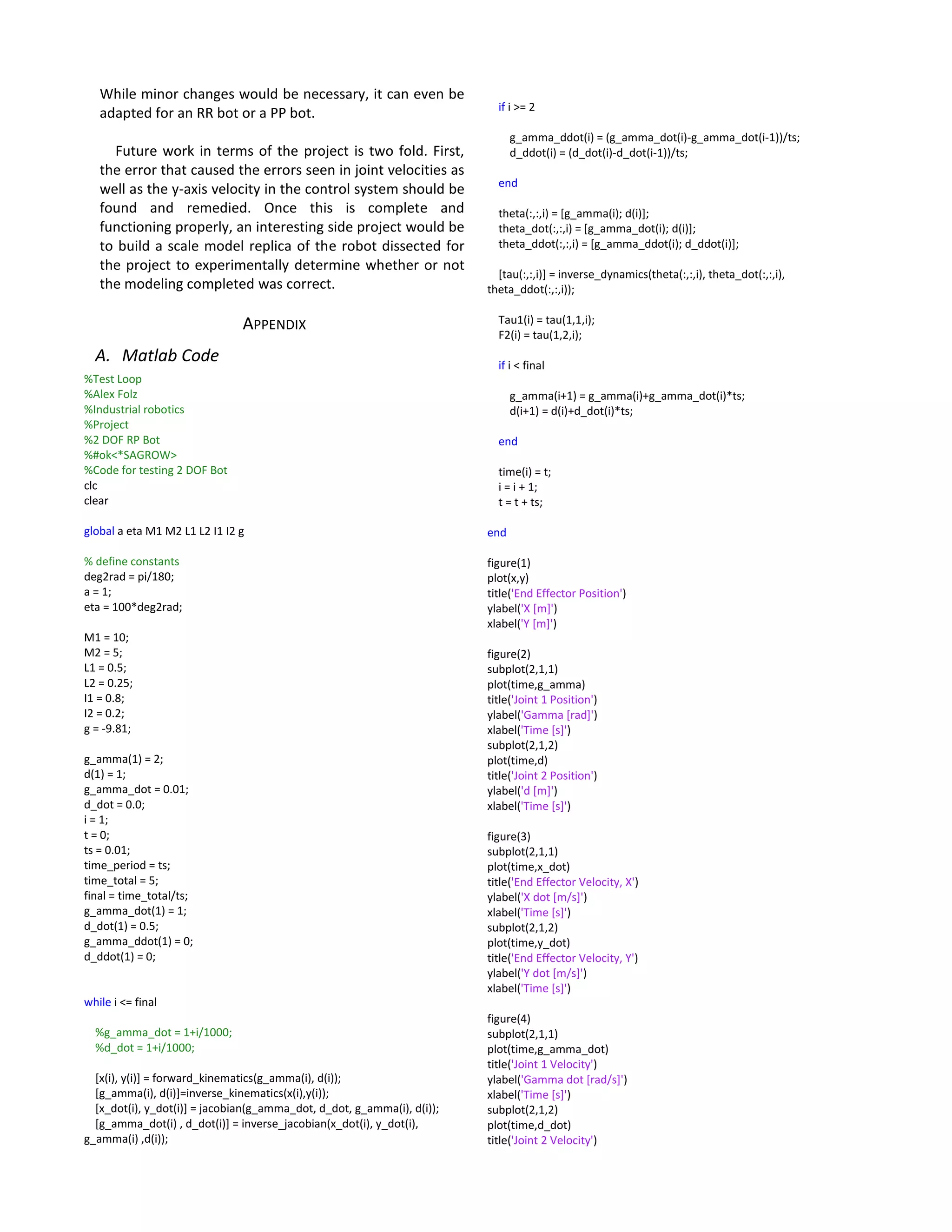 While minor changes would be necessary, it can even be
adapted for an RR bot or a PP bot.
Future work in terms of the project is two fold. First,
the error that caused the errors seen in joint velocities as
well as the y-axis velocity in the control system should be
found and remedied. Once this is complete and
functioning properly, an interesting side project would be
to build a scale model replica of the robot dissected for
the project to experimentally determine whether or not
the modeling completed was correct.
APPENDIX
A. Matlab Code
%Test Loop
%Alex Folz
%Industrial robotics
%Project
%2 DOF RP Bot
%#ok<*SAGROW>
%Code for testing 2 DOF Bot
clc
clear
global a eta M1 M2 L1 L2 I1 I2 g
% define constants
deg2rad = pi/180;
a = 1;
eta = 100*deg2rad;
M1 = 10;
M2 = 5;
L1 = 0.5;
L2 = 0.25;
I1 = 0.8;
I2 = 0.2;
g = -9.81;
g_amma(1) = 2;
d(1) = 1;
g_amma_dot = 0.01;
d_dot = 0.0;
i = 1;
t = 0;
ts = 0.01;
time_period = ts;
time_total = 5;
final = time_total/ts;
g_amma_dot(1) = 1;
d_dot(1) = 0.5;
g_amma_ddot(1) = 0;
d_ddot(1) = 0;
while i <= final
%g_amma_dot = 1+i/1000;
%d_dot = 1+i/1000;
[x(i), y(i)] = forward_kinematics(g_amma(i), d(i));
[g_amma(i), d(i)]=inverse_kinematics(x(i),y(i));
[x_dot(i), y_dot(i)] = jacobian(g_amma_dot, d_dot, g_amma(i), d(i));
[g_amma_dot(i) , d_dot(i)] = inverse_jacobian(x_dot(i), y_dot(i),
g_amma(i) ,d(i));
if i >= 2
g_amma_ddot(i) = (g_amma_dot(i)-g_amma_dot(i-1))/ts;
d_ddot(i) = (d_dot(i)-d_dot(i-1))/ts;
end
theta(:,:,i) = [g_amma(i); d(i)];
theta_dot(:,:,i) = [g_amma_dot(i); d(i)];
theta_ddot(:,:,i) = [g_amma_ddot(i); d_ddot(i)];
[tau(:,:,i)] = inverse_dynamics(theta(:,:,i), theta_dot(:,:,i),
theta_ddot(:,:,i));
Tau1(i) = tau(1,1,i);
F2(i) = tau(1,2,i);
if i < final
g_amma(i+1) = g_amma(i)+g_amma_dot(i)*ts;
d(i+1) = d(i)+d_dot(i)*ts;
end
time(i) = t;
i = i + 1;
t = t + ts;
end
figure(1)
plot(x,y)
title('End Effector Position')
ylabel('X [m]')
xlabel('Y [m]')
figure(2)
subplot(2,1,1)
plot(time,g_amma)
title('Joint 1 Position')
ylabel('Gamma [rad]')
xlabel('Time [s]')
subplot(2,1,2)
plot(time,d)
title('Joint 2 Position')
ylabel('d [m]')
xlabel('Time [s]')
figure(3)
subplot(2,1,1)
plot(time,x_dot)
title('End Effector Velocity, X')
ylabel('X dot [m/s]')
xlabel('Time [s]')
subplot(2,1,2)
plot(time,y_dot)
title('End Effector Velocity, Y')
ylabel('Y dot [m/s]')
xlabel('Time [s]')
figure(4)
subplot(2,1,1)
plot(time,g_amma_dot)
title('Joint 1 Velocity')
ylabel('Gamma dot [rad/s]')
xlabel('Time [s]')
subplot(2,1,2)
plot(time,d_dot)
title('Joint 2 Velocity')
 