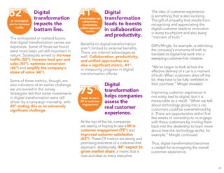 of strategists use
collaboration,
productivity,
uniﬁed approach
metrics
41%Digital
transformation
impacts the
bottom line.
The anticipated or realized boons
that digital transformation carries are
expansive. Some of those we found
were more basic yet still important in
nature. Strategists aimed to increase
trafﬁc (52%
), increase lead gen and
sales (50%
), optimize conversion
(46%
) and amplify the company’s
share of voice (46%
).
Some of these metrics, though, are
also indicators of an earlier challenge
we uncovered in the survey.
Strategists felt that some investments
in digital transformation were still
driven by a campaign mentality, with
60%
stating this as an extremely
signiﬁcant challenge.
Digital
transformation
leads to boosts
in collaboration
and productivity.
Beneﬁts to digital transformation
aren’t limited to external beneﬁts.
There are internal advantages as
well. Collaboration, productivity,
and uniﬁed approaches are
also a signiﬁcant metric, 41%
,
in measuring progress in digital
transformation efforts.
Digital
transformation
helps companies
assess the
real customer
experience.
At the top of the list, companies
are seeing or hoping to see a lift in
customer engagement (75%
) and
improved customer satisfaction
(63%
). These CX metrics are strong and
promising indicators of a customer-ﬁrst
approach. Additionally, 44%
expect to
grow market share, a metric that is
near and dear to every executive.
The idea of customer experience
is something that is also evolving.
The gift of empathy that results from
recognizing and appreciating the
digital customer leads to innovation
in every touchpoint and also every
“moment of truth.”
GM’s Mingle, for example, is rethinking
the company’s moments of truth to
translate its digital-ﬁrst work into a
sweeping customer-ﬁrst initiative.
“We’ve begun to look at how the
effective delivery of a car is a moment
of truth. When customers drive off the
lot, they have to be fully conﬁdent in
their purchase,” Mingle revealed.
Improving customer experience is
not solely tied to digital, but it is
measurable as a result. “When we talk
about technology going into a car,
customers could be overwhelmed by
it. There are opportunities within ﬁrst
few weeks of ownership to re-engage
with these customers by inviting them
back into the dealership to learn more
about how the technology works, for
example,” Mingle continued.
Thus, digital transformation becomes
a catalyst for re-imagining the overall
customer experience.
29
of strategists
aim to increase
trafﬁc
52%
hope to see a
lift in customer
engagement
75%
 