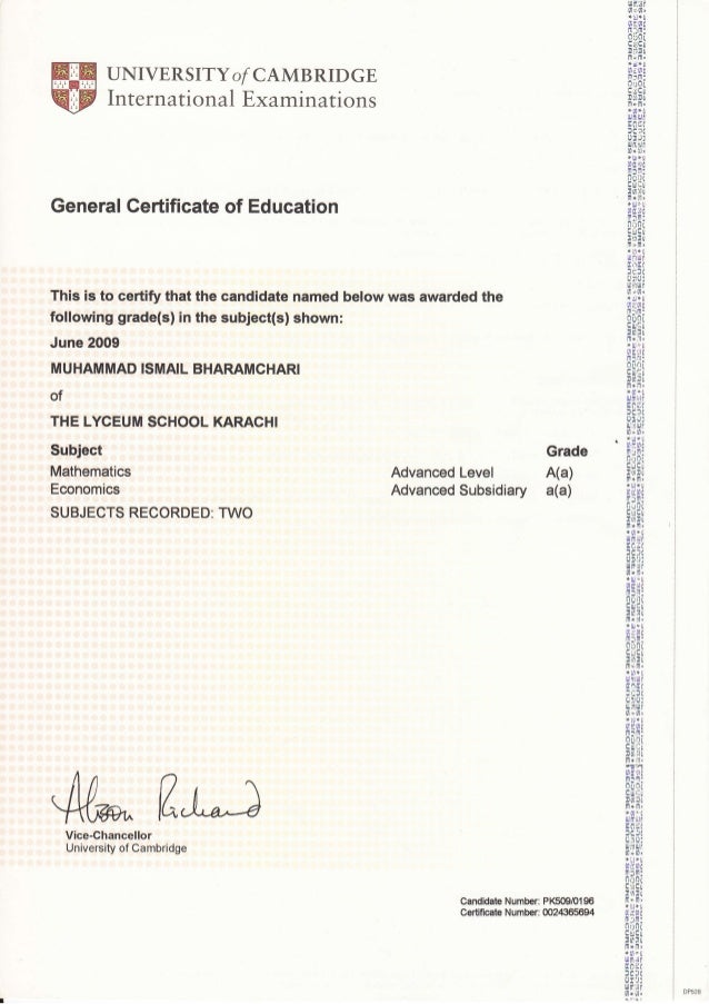 A Level Result UNIVERSITY O CAMB RTD GE International Examinations General Certificate Of Education This Is To Certify