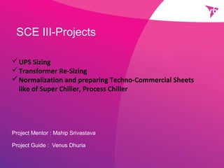 SCE III-Projects
Project Mentor : Mahip Srivastava
Project Guide : Venus Dhuria
UPS Sizing
Transformer Re-Sizing
Normalization and preparing Techno-Commercial Sheets
like of Super Chiller, Process Chiller
 