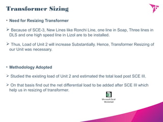 Transformer Sizing
• Need for Resizing Transformer
 Because of SCE-3, New Lines like Ronchi Line, one line in Soap, Three lines in
DLS and one high speed line in Lizol are to be installed.
 Thus, Load of Unit 2 will increase Substantially. Hence, Transformer Resizing of
our Unit was necessary.
• Methodology Adopted
 Studied the existing load of Unit 2 and estimated the total load post SCE III.
 On that basis find out the net differential load to be added after SCE III which
help us in resizing of transformer.
Microsoft Excel
Worksheet
 