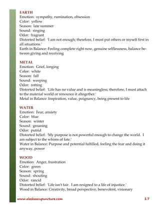 www.alaskaacupuncture.com 17
EARTH
Emotion: sympathy, rumination, obsession
Color: yellow
Season: late summer
Sound: singing
Odor: fragrant
Distorted belief: 'I am not enough; therefore, I must put others or myself first in
all situations.'
Earth in Balance: Feeling complete right now, genuine selflessness, balance be-
tween giving and receiving
METAL
Emotion: Grief, longing
Color: white
Season: fall
Sound: weeping
Odor: rotting
Distorted belief: 'Life has no value and is meaningless; therefore, I must attach
to the material world or renounce it altogether.'
Metal in Balance: Inspiration, value, poignancy, being present to life
WATER
Emotion: Fear, anxiety
Color: blue
Season: winter
Sound: groaning
Odor: putrid
Distorted belief: 'My purpose is not powerful enough to change the world. I
am subject to the whims of fate.'
Water in Balance: Purpose and potential fulfilled, feeling the fear and doing it
anyway, power
WOOD
Emotion: Anger, frustration
Color: green
Season: spring
Sound: shouting
Odor: rancid
Distorted belief: 'Life isn't fair. I am resigned to a life of injustice.'
Wood in Balance: Creativity, broad perspective, benevolent, visionary
 