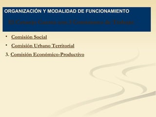 El Consejo Cuenta con 3 Comisiones de Trabajo: ORGANIZACIÓN Y MODALIDAD DE FUNCIONAMIENTO  Comisión Social Comisión Urbano Territorial 3.  Comisión Económico-Productivo 
