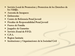 Servicio Local de Promocion y Proteccion de los Derechos de los Niñ@s. Asesoria de Incapaces Defensorias Centro de Referencia Penal Juvenil Fiscalias de Responsabilidad Penal Juvenil Fueros de Familia Juzgados de Garantias Servicio Zonal de P.P.D. C.P.A. Region Sanitaria Instituciones y Organizaciones de la Sociedad Civil 