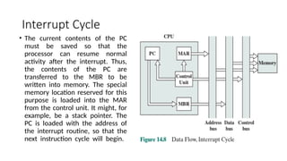 Interrupt Cycle
• The current contents of the PC
must be saved so that the
processor can resume normal
activity after the interrupt. Thus,
the contents of the PC are
transferred to the MBR to be
written into memory. The special
memory location reserved for this
purpose is loaded into the MAR
from the control unit. It might, for
example, be a stack pointer. The
PC is loaded with the address of
the interrupt routine, so that the
next instruction cycle will begin.
 