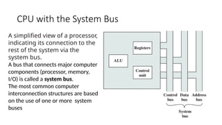 CPU with the System Bus
A simplified view of a processor,
indicating its connection to the
rest of the system via the
system bus.
A bus that connects major computer
components (processor, memory,
I/O) is called a system bus.
The most common computer
interconnection structures are based
on the use of one or more system
buses
 
