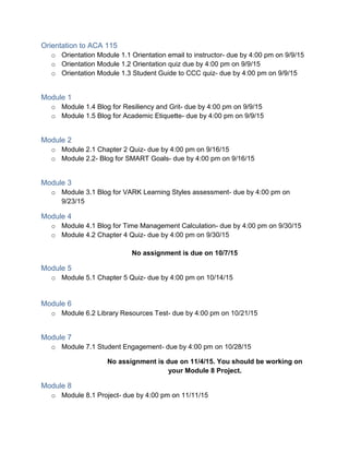 Orientation to ACA 115
o Orientation Module 1.1 Orientation email to instructor- due by 4:00 pm on 9/9/15
o Orientation Module 1.2 Orientation quiz due by 4:00 pm on 9/9/15
o Orientation Module 1.3 Student Guide to CCC quiz- due by 4:00 pm on 9/9/15
Module 1
o Module 1.4 Blog for Resiliency and Grit- due by 4:00 pm on 9/9/15
o Module 1.5 Blog for Academic Etiquette- due by 4:00 pm on 9/9/15
Module 2
o Module 2.1 Chapter 2 Quiz- due by 4:00 pm on 9/16/15
o Module 2.2- Blog for SMART Goals- due by 4:00 pm on 9/16/15
Module 3
o Module 3.1 Blog for VARK Learning Styles assessment- due by 4:00 pm on
9/23/15
Module 4
o Module 4.1 Blog for Time Management Calculation- due by 4:00 pm on 9/30/15
o Module 4.2 Chapter 4 Quiz- due by 4:00 pm on 9/30/15
No assignment is due on 10/7/15
Module 5
o Module 5.1 Chapter 5 Quiz- due by 4:00 pm on 10/14/15
Module 6
o Module 6.2 Library Resources Test- due by 4:00 pm on 10/21/15
Module 7
o Module 7.1 Student Engagement- due by 4:00 pm on 10/28/15
No assignment is due on 11/4/15. You should be working on
your Module 8 Project.
Module 8
o Module 8.1 Project- due by 4:00 pm on 11/11/15
 