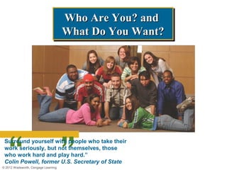 Who Are You? and
                                     Who Are You? and
                                     What Do You Want?
                                     What Do You Want?




   “ ”
 Surround yourself with people who take their
 work seriously, but not themselves, those
 who work hard and play hard.”
 Colin Powell, former U.S. Secretary of State
© 2012 Wadsworth, Cengage Learning
 