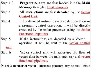 Step 1-2 Program & data are first loaded into the Main
Memory through a Host computer.
Step 3 All instructions are first decoded by the Scalar
Control Unit.
Step 4 If the decoded instruction is a scalar operation or
a program control operation, it will be directly
executed by the scalar processor using the Scalar
Functional Pipelines.
Step 5 If the instructions are decoded as a Vector
operation, it will be sent to the vector control
unit.
Step 6 Vector control unit will supervise the flow of
vector data between the main memory and vector
functional pipelines.
Note: A number of vector functional pipelines may be built into a
 
