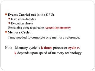 Events Carried out in the CPU:
Instruction decodes
Execution phases
Remaining three required to Access the memory.
Memory Cycle :
Time needed to complete one memory reference.
Note- Memory cycle is k times processor cycle τ.
k depends upon speed of memory technology.
 