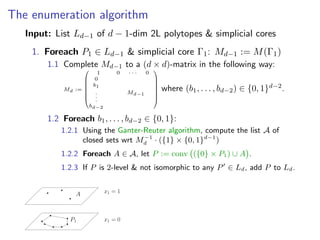 The enumeration algorithm
Input: List Ld−1 of d − 1-dim 2L polytopes & simplicial cores
1. Foreach P1 ∈ Ld−1 & simplicial core Γ1: Md−1 := M(Γ1)
1.1 Complete Md−1 to a (d × d)-matrix in the following way:
Md :=








1 0 · · · 0
0
b1
.
.
.
bd−2
Md−1








where (b1, . . . , bd−2) ∈ {0, 1}d−2
.
1.2 Foreach b1, . . . , bd−2 ∈ {0, 1}:
1.2.1 Using the Ganter-Reuter algorithm, compute the list A of
closed sets wrt M−1
d · ({1} × {0, 1}d−1
)
1.2.2 Foreach A ∈ A, let P := conv ({0} × P1) ∪ A .
1.2.3 If P is 2-level & not isomorphic to any P ∈ Ld, add P to Ld.
P1 x1 = 0
x1 = 1A
 
