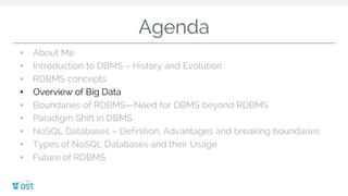 Agenda
• About Me
• Introduction to DBMS – History and Evolution
• RDBMS concepts
• Overview of Big Data
• Boundaries of RDBMS—Need for DBMS beyond RDBMS
• Paradigm Shift in DBMS
• NoSQL Databases – Definition, Advantages and breaking boundaries
• Types of NoSQL Databases and their Usage
• Future of RDBMS
 