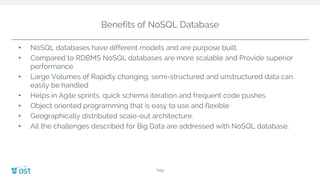 Benefits of NoSQL Database
• NoSQL databases have different models and are purpose built.
• Compared to RDBMS NoSQL databases are more scalable and Provide superior
performance
• Large Volumes of Rapidly changing, semi-structured and unstructured data can
easily be handled
• Helps in Agile sprints, quick schema iteration and frequent code pushes
• Object oriented programming that is easy to use and flexible
• Geographically distributed scale-out architecture.
• All the challenges described for Big Data are addressed with NoSQL database.
Title
 