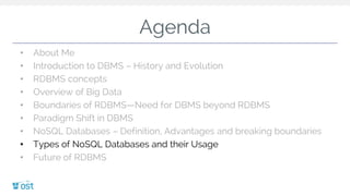 Agenda
• About Me
• Introduction to DBMS – History and Evolution
• RDBMS concepts
• Overview of Big Data
• Boundaries of RDBMS—Need for DBMS beyond RDBMS
• Paradigm Shift in DBMS
• NoSQL Databases – Definition, Advantages and breaking boundaries
• Types of NoSQL Databases and their Usage
• Future of RDBMS
 
