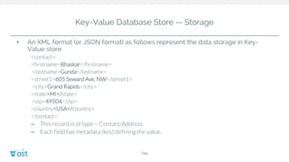 Key-Value Database Store -- Storage
• An XML format (or JSON format) as follows represent the data storage in Key-
Value store
<contact>
<firstname>Bhaskar</firstname>
<lastname>Gunda</lastname>
<street1>605 Seward Ave. NW</street1>
<city>Grand Rapids</city>
<state>MI</state>
<zip>49504</zip>
<country>USA</country>
</contact>
– This record is of type – Contact/Address.
– Each field has metadata (key) defining the value.
Title
 