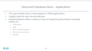 Document Database Store – Applications
• This type of data store is more popular in Web applications.
• Largely used for semi-structured data.
• Implementations offer a variety of ways of organizing documents, including
notions of:
– Collections
– Tags
– Non-visible Metadata
– Directory hierarchies
– Buckets
Title
 