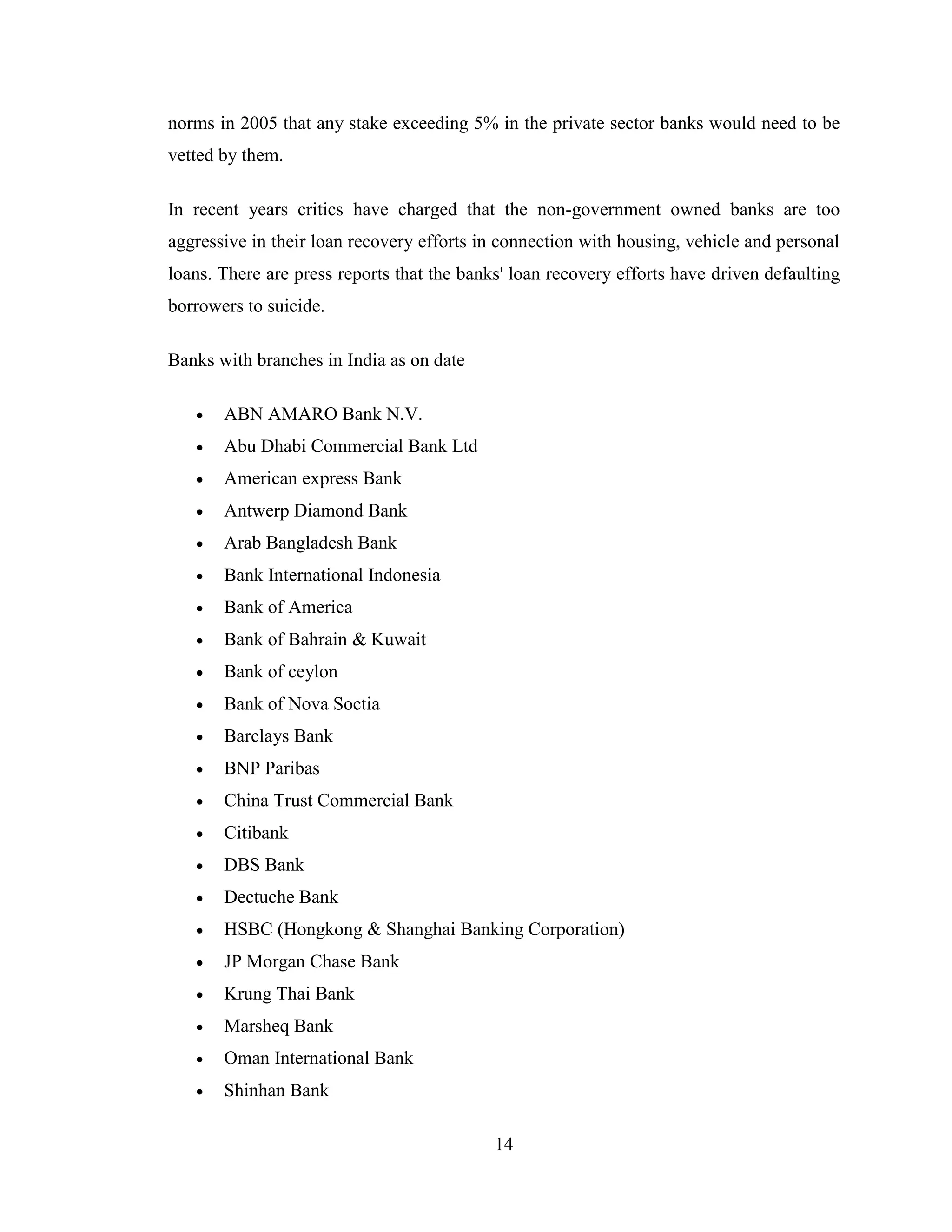 14
norms in 2005 that any stake exceeding 5% in the private sector banks would need to be
vetted by them.
In recent years critics have charged that the non-government owned banks are too
aggressive in their loan recovery efforts in connection with housing, vehicle and personal
loans. There are press reports that the banks' loan recovery efforts have driven defaulting
borrowers to suicide.
Banks with branches in India as on date
 ABN AMARO Bank N.V.
 Abu Dhabi Commercial Bank Ltd
 American express Bank
 Antwerp Diamond Bank
 Arab Bangladesh Bank
 Bank International Indonesia
 Bank of America
 Bank of Bahrain & Kuwait
 Bank of ceylon
 Bank of Nova Soctia
 Barclays Bank
 BNP Paribas
 China Trust Commercial Bank
 Citibank
 DBS Bank
 Dectuche Bank
 HSBC (Hongkong & Shanghai Banking Corporation)
 JP Morgan Chase Bank
 Krung Thai Bank
 Marsheq Bank
 Oman International Bank
 Shinhan Bank
 