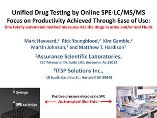 Unified Drug Testing by Online SPE-LC/MS/MS
Focus on Productivity Achieved Through Ease of Use:
One totally automated method measures ALL the drugs in urine and/or oral Fluids
Mark Hayward,2 Rick Youngblood,2 Kim Gamble,2
Martin Johnson,1 and Matthew T. Hardison1
1Assurance Scientific Laboratories,
727 Memorial Dr. Suite 103, Bessemer AL 35022
2ITSP Solutions Inc.,
10 South Carolina St., Hartwell GA 30643
SPE cartridge
Syringe
Positive pressure micro scale SPE
Automated like this!
 