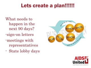 Lets create a plan!!!!!!

What needs to
  happen in the
  next 90 days?
-sign-on letters
-meetings with
  representatives
- State lobby days
 