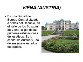VIENA (AUSTRIA)
● Es una ciudad de
Europa Central situada
a orillas del Danubio, en
el valle de los Bosques
de Viena, al pie de las
primeras estribaciones
de los Alpes. Es la
capital de Austria y uno
de sus nueve estados
federados.
 