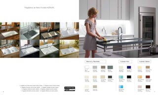 Fregaderos de Hierro Fundido KOHLER®




1             2                                               3                                        4




5             6                                               7                                        8




                                                                                                               Blancos y Neutrales                                                   Colores Fríos                          Colores Cálidos




                                                                                                           Blanco (0)      Ice Grey (95)   Cashmere (K4)     Basalt (FT)         Tea Green (NG)      Iron Cobalt (30)   Sunlight (Y2)         Mexican Sand (33)
                                                                                                           Básico          Toda la línea   Toda la línea     Alta moda           Toda la línea       Alta moda          Toda la línea         Toda la línea
                                                                                                           Cocina y Baño   Cocina y Baño   Cocina y Baño     Cocina y Baño       Cocina y Baño       Cocina y Baño      Cocina y Baño         Cocina y Baño




                                                                                                           Biscuit (96)    Almond (47)     Cane Sugar (FD)   Thunder Grey (58)   Vapour Green (KG)   Black Black (7)    Vapour Orange (KE)    Roussillon Red (R1)
                                                                                                           Toda la línea   Toda la línea   Alta moda         Alta moda           Alta moda           Alta moda          Alta moda             Edición Limitada
                                                                                                           Cocina y Baño   Cocina y Baño   Cocina y Baño     Cocina y Baño       Cocina y Baño       Cocina y Baño      Cocina y Baño         Cocina y Baño




         1. Fregadero Iron/Tones Smart Divide de bajo cubierta 2. Fregadero Carizzo de bajo cubierta
           3. Fregadero Executive Chef de bajo cubierta     4. Fregadero Deerfield de sobre cubierta
              5. Fregadero Hartland de sobre cubierta 6. Fregadero Lakefield de sobre cubierta             Sea Salt (FF)   Sandbar (G9)                                          Vapour Blue (KC)                       Innocent Blush (55)   Black ’n Tan (KA)
                                                                                                           Alta moda       Cocina y Baño                                         Alta moda                              Toda la líne          Alta moda
             7. Fregadero Brookfield de sobre cubierta    8. Fregadero Efficiency de sobre cubierta        Cocina y Baño                                                         Cocina y Baño                          Cocina y Baño         Cocina y Baño
    36                                                                                                                                                                                                                                                              37
 