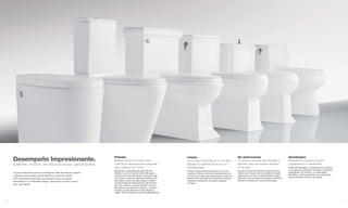 Desempeño Impresionante.                                                 Potentes
                                                                             Nuestros inodoros brindan mayor
                                                                                                                             Limpios
                                                                                                                             Los inodoros KOHLER® de 6 y 4.8 litros
                                                                                                                                                                               Sin obstrucciones
                                                                                                                                                                               El suministro de agua está diseñado a
                                                                                                                                                                                                                                Garantizados
                                                                                                                                                                                                                                Respaldamos nuestros inodoros
    potentes. limpios. sin obstrucciones. garantizados.                      potencia de descarga que la requerida           enjuagan la superficie de la taza con             precisión para que nuestros inodoros             y garantizamos su rendimiento.
                                                                             para cualquier uso normal.                      cada descarga.                                    no se tapen.                                     Antes de embalarlos, sometemos los inodoros
                                                                             Mediante un especializado perfil de flujo                                                         Nuestros inodoros eliminan constantemente        a una lista de verificación final para comprobar
                                                                                                                             El flujo de agua está diseñado de modo que
    Un gran rendimiento implica la combinación ideal de potencia, limpieza   dinámico que controla la acción del agua a                                                        hasta cuatro veces más la cantidad de papel      la igualación de colores y su desempeño
                                                                                                                             nuestros inodoros funcionen intensamente con
    y resistencia a las obstrucciones. Medimos y afinamos más de             medida que pasa del tanque a la taza y luego                                                      higiénico que se usa y están diseñados para      hermético a fin de garantizar el cumplimiento
                                                                                                                             un mínimo de agua para lavar la taza y crear un
                                                                             a la trampa, nuestros ingenieros optimizan la                                                     garantizar que los desechos lleguen al sistema   de las más altas normas de calidad.
    1000 dimensiones para lograr esa exclusiva norma de calidad.                                                             potente sifón que elimine los desechos livianos
    El resultado es un rendimiento íntegro –del tanque a la taza y mucho     velocidad y fuerza del agua según el diseño     y pesados impidiendo que éstos regresen           sanitario principal con una sola descarga.
                                                                             y la tecnología de descarga de cada inodoro.    a la taza.
    más– garantizado.                                                        Por eso nuestros inodoros eliminan más de
                                                                             900 gramos de desechos sólidos, y nuestros
                                                                             inodoros de alta eficiencia (High-Efficiency
                                                                             Toilets, HET) exceden la norma de WaterSense.


6                                                                                                                                                                                                                                                                                  7
 