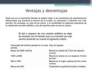 El tipo y espesor de una carpeta asfáltica se elige
de acuerdo con el tránsito que va a transitar por ese
camino tomando en cuenta el siguiente criterio.
Intensidad del tránsito pesado en un solo
sentido.
Tipo de carpeta
Mayor de 2000 vehi/día Mezcla en planta de 7.5cm de espesor
mínimo
1000 a 2000 Mezcla en planta con un espesor mínimo
de 5cm
500 a 1000 Mezcla en el lugar o planta de 5cm como
mínimo
Menos de 500 Tratamiento superficial simple o múltiple.
Dado que es un pavimento flexible se adapta mejor a las condiciones de asentamientos
diferenciales que presenta el terreno de la ciudad, su colocación y retiración son más
sencilla. Sin embargo, su vida útil es menor, y su durabilidad no depende solamente de
la calidad del concreto asfáltico, sino del soporte sobre el cual se coloca.
Ventajas y desventajas
 