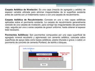 Carpeta Asfáltica de Nivelación: Es una capa (mezcla de agregado y asfalto) de
espesor variable utilizada para eliminar irregularidades de la superficie existente
antes de cubrirla con un tratamiento nuevo o con una carpeta de recubrimiento.
Carpeta Asfáltica de Recubrimiento: Consiste en una o más capas asfálticas
aplicadas sobre el pavimento existente. La carpeta de recubrimiento generalmente
consiste de una carpeta de nivelación, para corregir las irregularidades del pavimento
viejo, seguida por una o varias carpetas de grosor uniforme, hasta obtener el espesor
total necesario.
Pavimentos Asfálticos: Son pavimentos compuestos por una capa superficial de
agregado mineral recubierto y aglomerado con cemento asfáltico, colocada sobre
superficies de apoyo tales como bases asfálticas, piedra triturada o grava; o sobre un
pavimento de concreto de cemento Portland, de ladrillo o bloques.
 