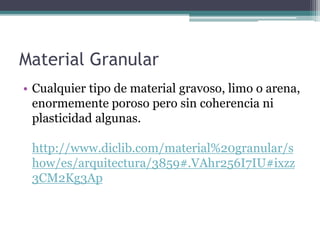 Material Granular
• Cualquier tipo de material gravoso, limo o arena,
enormemente poroso pero sin coherencia ni
plasticidad algunas.
http://www.diclib.com/material%20granular/s
how/es/arquitectura/3859#.VAhr256I7IU#ixzz
3CM2Kg3Ap
 