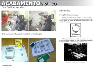 ACABAMENTO GRÁFICO
ACABAMENTO
Faca Gráfica - modelos




Corte e Vinco Marca Guangya formato 52x75 com Hot Stamping




www.jwr.com.br
 