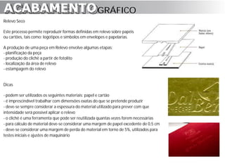ACABAMENTO GRÁFICO
ACABAMENTO
Relevo Seco

Este processo permite reproduzir formas definidas em relevo sobre papéis
ou cartões, tais como: logotipos e símbolos em envelopes e papelarias.

A produção de uma peça em Relevo envolve algumas etapas:
- planificação da peça
- produção do clichê a partir de fotolito
- localização da área de relevo
- estampagem do relevo


Dicas

- podem ser utilizados os seguintes materiais: papel e cartão
- é imprescindível trabalhar com dimensões exatas do que se pretende produzir
- deve-se sempre considerar a espessura do material utilizado para prever com que
intensidade será possível aplicar o relevo
- o clichê é uma ferramenta que pode ser reutilizada quantas vezes forem necessárias
- para cálculo de material deve-se considerar uma margem de papel excedente de 0,5 cm
- deve-se considerar uma margem de perda do material em torno de 5%, utilizados para
testes iniciais e ajustes de maquinário
 