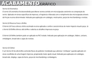 ACABAMENTO GRÁFICO
ACABAMENTO
Verniz UV Aromático
O verniz UV aromático foi desenvolvido para liberar aroma contido em microcápsulas existentes na composição do
verniz. Aplicado em áreas específicas do impresso, a fragrância é liberada com o rompimento das microcápsulas através
da fricção na área determinada. Indicado para aplicação em catálogos, mostruários, peças de merchandising e revistas.


Verniz UV Reserva Fosco e Brilho
O Verniz UV Fosco oferece efeito acetinado na área aplicada e confere características de maior impacto visual à peça. Já
o Verniz UV Brilho oferece alto brilho e valoriza os detalhes impressos na peça.


O Verniz UV Brilho também pode ser aplicado no PVC tratado. Indicado para aplicação em catálogos, folders, cartazes,
embalagens, broad-side e capas de revistas.




Verniz UV Glitter
É um Verniz UV de alto brilho contendo flocos de poliéster metalizado que adiciona “cintilação” quando aplicado em
áreas escolhidas de uma imagem impressa, propiciando maior apelo visual. Indicado para aplicação em catálogos,
broad-side, displays, capas de livros, peças de merchandising e embalagens.
 