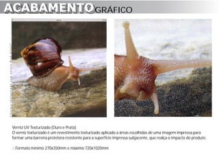 ACABAMENTO GRÁFICO
ACABAMENTO




 Verniz UV Texturizado (Ouro e Prata)
 O verniz texturizado é um revestimento texturizado aplicado a áreas escolhidas de uma imagem impressa para
 formar uma barreira protetora resistente para a superfície impressa subjacente, que realça o impacto do produto.

 :: Formato mínimo 270x350mm e máximo 720x1020mm
 