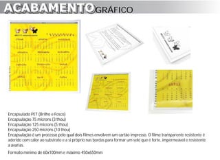 ACABAMENTO GRÁFICO
ACABAMENTO




Encapsulado PET (Brilho e Fosco)
Encapsulação 75 microns (3 thou)
Encapsulação 125 microns (5 thou)
Encapsulação 250 microns (10 thou)
Encapsulação é um processo pelo qual dois filmes envolvem um cartão impresso. O filme transparente resistente é
aderido com calor ao substrato e a si próprio nas bordas para formar um selo que é forte, impermeável e resistente
a avarias.
Formato mínimo de 60x100mm e máximo 450x650mm
 