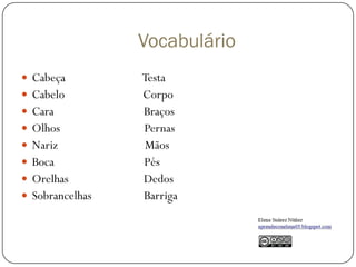 Vocabulário
 Cabeça Testa
 Cabelo Corpo
 Cara Braços
 Olhos Pernas
 Nariz Mãos
 Boca Pés
 Orelhas Dedos
 Sobrancelhas Barriga
 