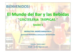 BIENVENIDOS!

El Mundo del Bar y las Bebidas
      “COCTELERIA TROPICAL ”
                        Sesión 1

           INSTRUCTOR: ANDRÉS BARQUERO R.
       BARTENDER PROFESIONAL ESPECIALISTA EN COCTELERÍA




                  Celular: 8353-6467
                Email: andrs7@gmail.com
 