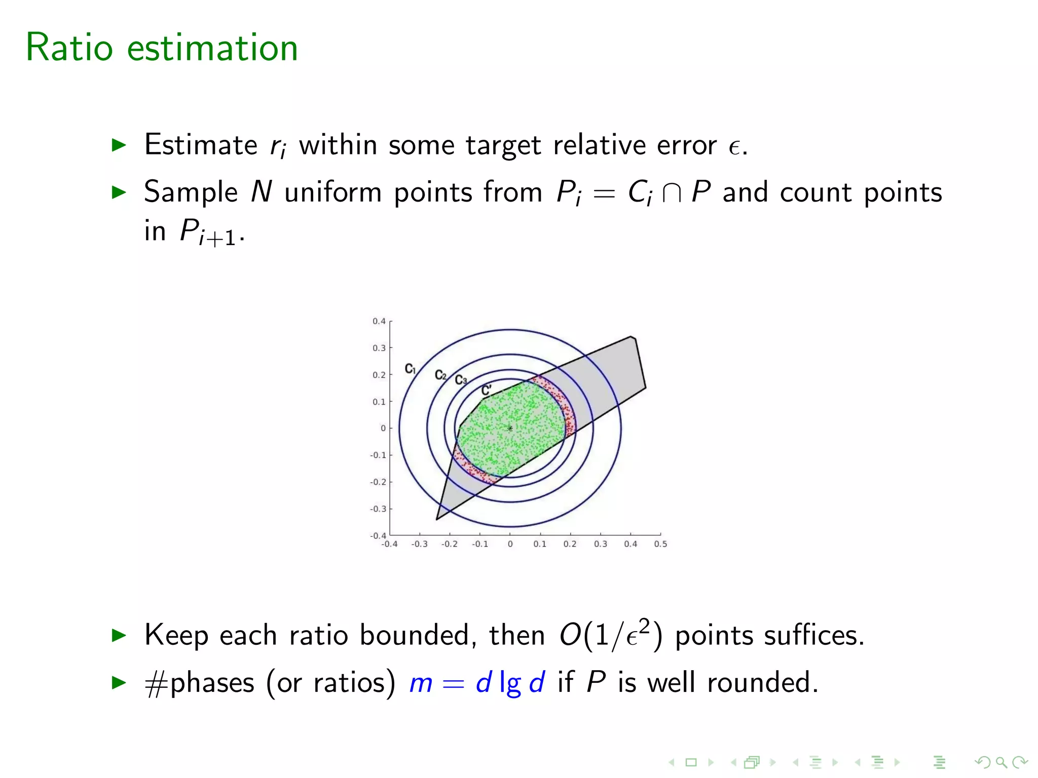 Ratio estimation
Estimate ri within some target relative error .
Sample N uniform points from Pi = Ci ∩ P and count points
in Pi+1.
Keep each ratio bounded, then O(1/ 2) points suﬃces.
#phases (or ratios) m = d lg d if P is well rounded.
 