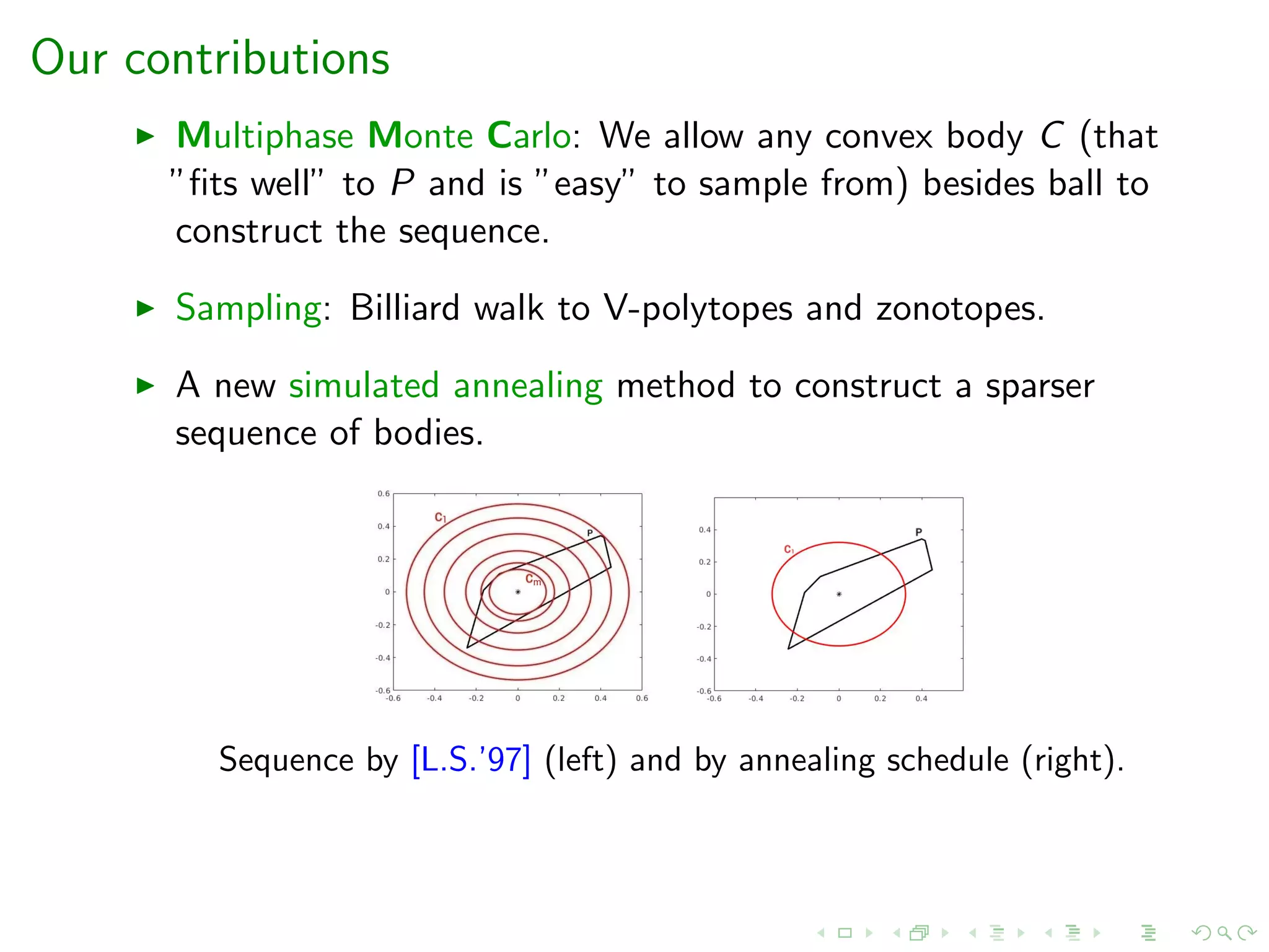 Our contributions
Multiphase Monte Carlo: We allow any convex body C (that
”ﬁts well” to P and is ”easy” to sample from) besides ball to
construct the sequence.
Sampling: Billiard walk to V-polytopes and zonotopes.
A new simulated annealing method to construct a sparser
sequence of bodies.
Sequence by [L.S.’97] (left) and by annealing schedule (right).
 