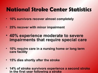 National Stroke Center Statistics
• 10% survivors recover almost completely
• 25% recover with minor impairment
• 40% experience moderate to severe
impairments that require special care
• 10% require care in a nursing home or long term
care facility
• 15% dies shortly after the stroke
• 14% of stroke survivors experience a second stroke
in the first year following a stroke
 