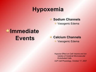 Hypoxemia
Immediate
Events
Sodium Channels
Vasogenic Edema
Calcium Channels
Vasogenic Edema
Hypoxia Effect on Cell Volume and Ion
Uptake of Cerebral Microvascular
Endothelial Cells
AJP Cell Physiology, October 17, 2007
 