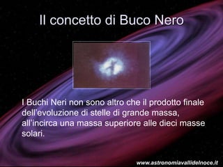 Il concetto di Buco Nero
I Buchi Neri non sono altro che il prodotto finale
dell’evoluzione di stelle di grande massa,
all’incirca una massa superiore alle dieci masse
solari.
www.astronomiavallidelnoce.it
 